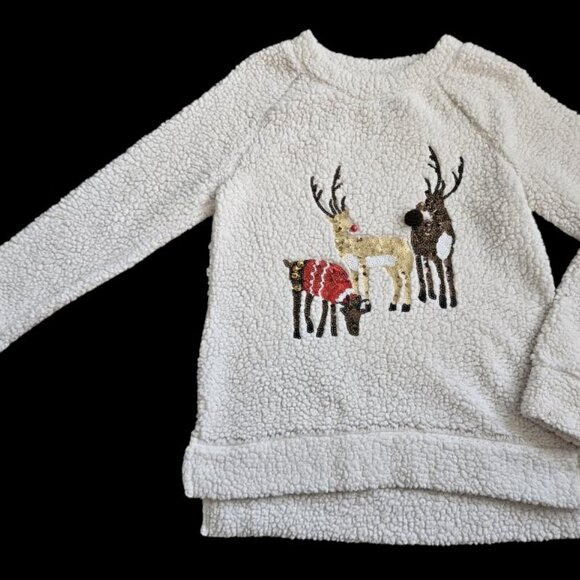 * ROCKIN’ AROUND White Plush Sherpa Fleece Sequined Reindeer Top Ladies MEDIUM - Picture 3 of 5